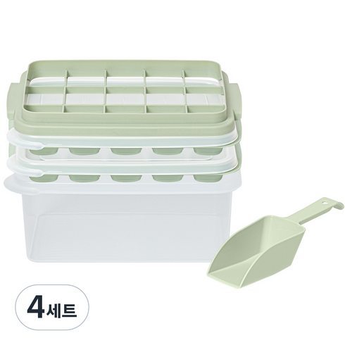 이지앤프리 아이스쏙 푸쉬 15구 얼음트레이 2p + 얼음보관통 + 탈착트레이 + 스쿱 세트, 그린(얼음트레이, 탈착트레이, 얼음스쿱), 투명(얼음보관통), 4세트