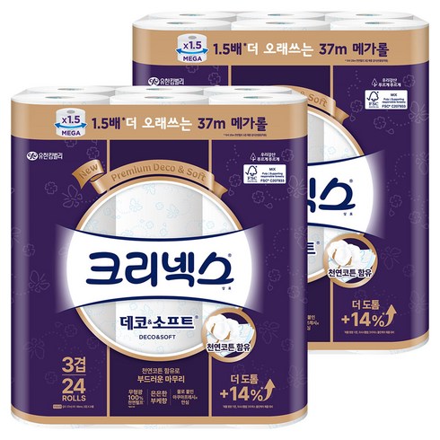 크리넥스 데코 앤 소프트 화장지 3겹, 37m, 24개입, 2개