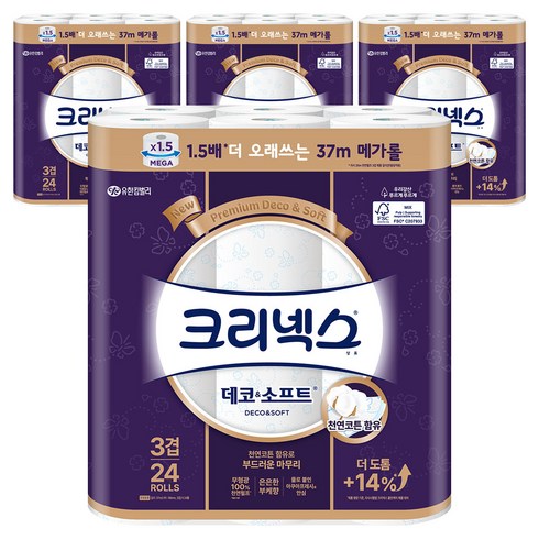크리넥스 3겹 데코 앤 소프트 화장지, 37m, 24개입, 4개
