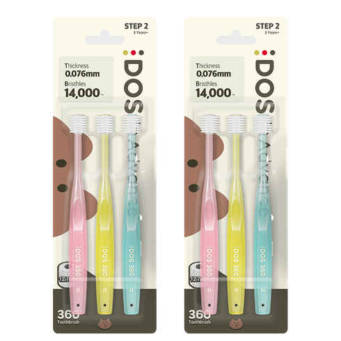 DOS 유아용 360도 칫솔 2단계, 라이트핑크 + 레몬 + 아쿠아블루, 3개입, 2세트