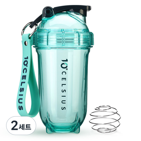 10도씨 불릿 트라이탄 쉐이커 보틀 + 스트랩 + 블렌더 볼, 2세트, 500ml, 제이드