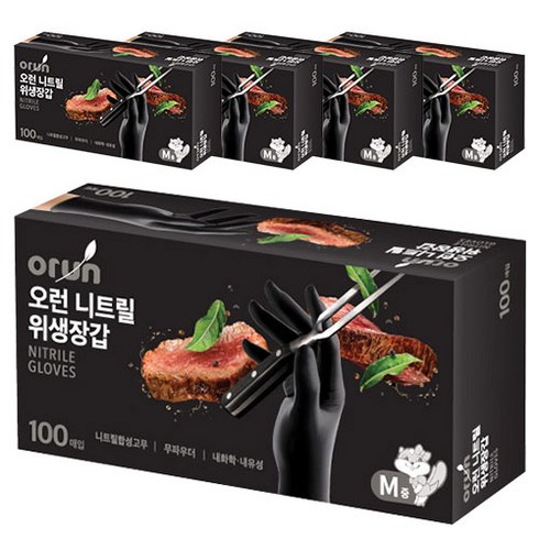 오런 니트릴 위생장갑 100P, 블랙, M, 5개