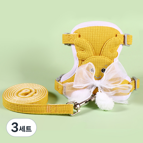 요런개 반려동물 사슴 리본 하네스 + 리드줄 세트, 03옐로우, 3세트