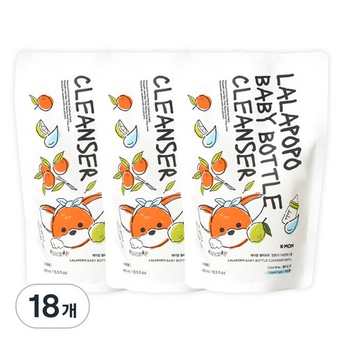 케이맘 랄라포포 유아용 젖병식기세정제 액상형 리필 쿨라임향, 400ml, 18개