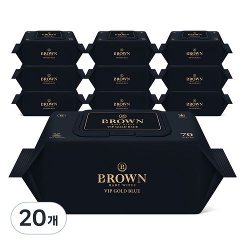 브라운 VIP 골드 블루 도톰한 엠보싱 저자극 아기 물티슈 캡형, 80g, 70매, 20개