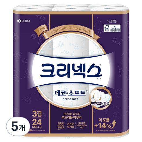 크리넥스 3겹 데코 앤 소프트 천연펄프 화장지, 34m, 24개입, 5개