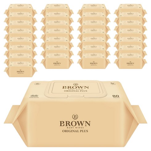 브라운 오리지널 플러스 도톰한 엠보싱 저자극 아기 물티슈 캡형, 55g, 80매, 30개