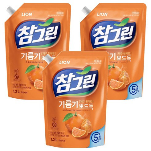 참그린 천혜향 기름기 뽀드득 주방세제 리필, 1.2L, 3개