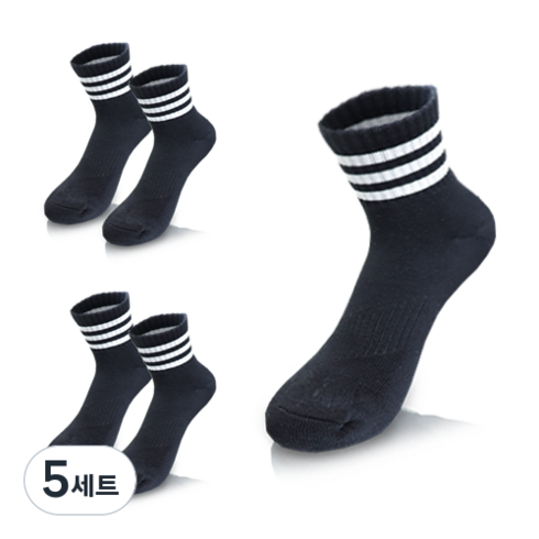 컴프로 남성용 스포츠 중목 쿠션 이중바닥 링글 기능성 양말 5족 세트, 검정-흰색, 5세트