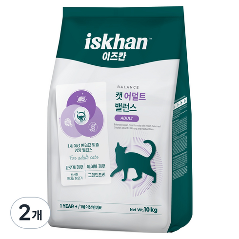 이즈칸 캣 어덜트 밸런스 사료, 10kg, 2개, 헤어볼+장건강