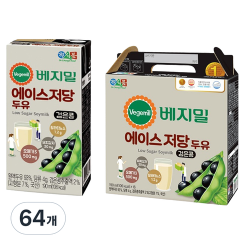 베지밀 에이스 저당두유, 190ml, 64개