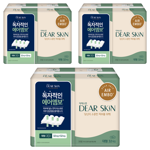 디어스킨 에어엠보 생리대 날개형, 대형, 64개입, 3개