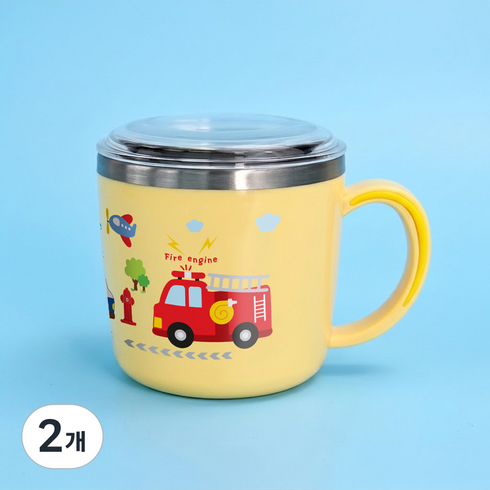 키친유 부릉부릉 논슬립 스텐 뚜껑컵, 옐로우, 2개, 280ml