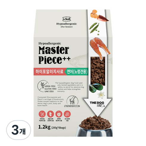 더독 노령견용 닥터소프트 명작 하이포알러지 소프트사료, 연어, 1.2kg, 3개
