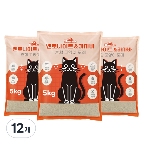 블루펫 응고형 벤토나이트 카사바 혼합 고양이모래, 5kg, 12개, 무향