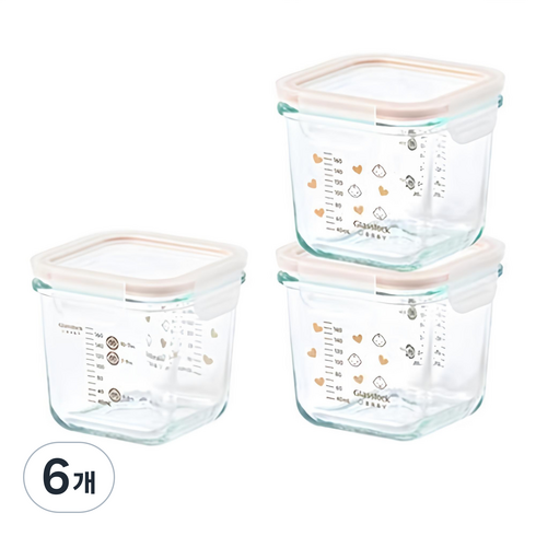 글라스락 베이비 눈금 이유식용기 대용량 사면결착캡, 270ml, 혼합색상, 6개