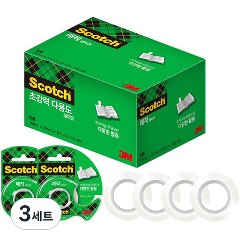 쓰리엠 스카치 매직테이프 디스펜서 2개 + 리필 4롤 18mm x 20m, 반투명, 3세트