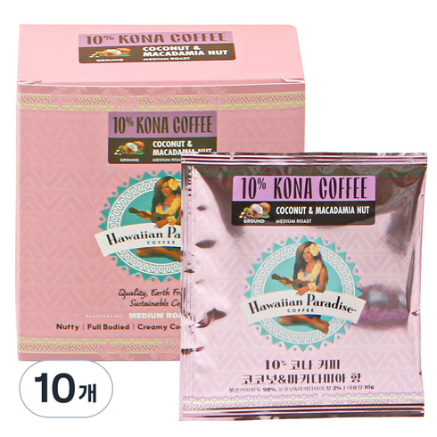 하와이안파라다이스커피 10% 코나 커피 코코넛 & 마카다미아 넛 드립백, 10g, 6개입, 10개