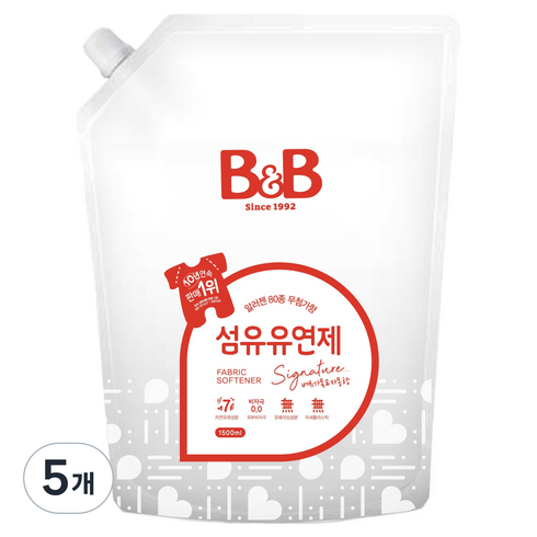 비앤비 섬유유연제 베르가못 자몽향 리필형, 1.5L, 5개