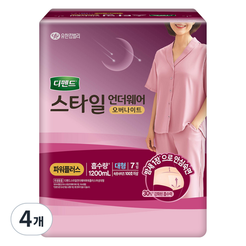 디펜드 여성용 스타일 언더웨어 오버나이트 성인기저귀, 대형, 7개입, 4개