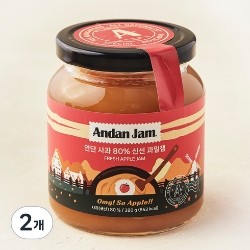 안단잼 사과 80% 신선 과일 잼, 380g, 2개