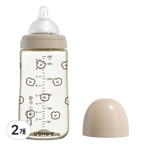 유비맘 시그니처 PPSU 배앓이방지 젖병 + 젖꼭지 세트, 초코, 280ml, 2개