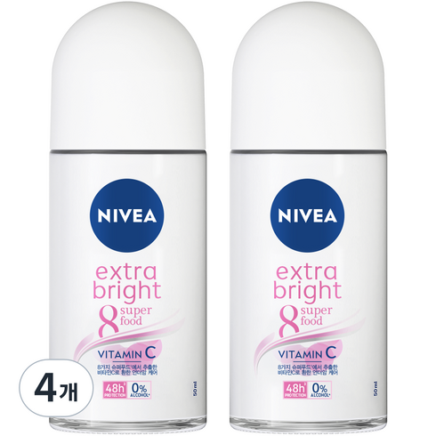 니베아 데오드란트 롤온 엑스트라 브라이트, 50ml, 4개