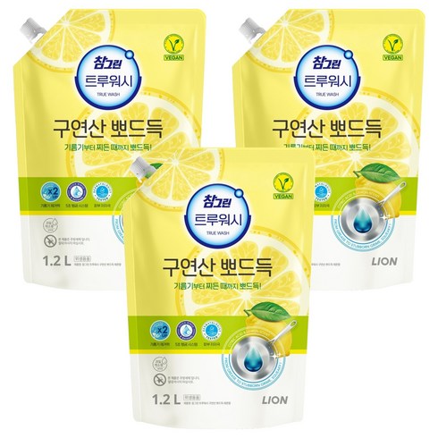 [비건라이프] 참그린 트루워시 구연산 뽀드득 주방세제 레몬향 리필, 1.2L, 3개