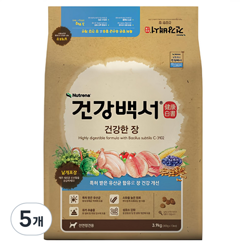 뉴트리나건강백서 전연령 강아지 기능성 사료, 장건강/유산균, 3.9kg, 5개
