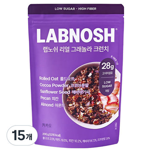 랩노쉬 리얼 그래놀라 크런치 카카오 시리얼, 200g, 15개