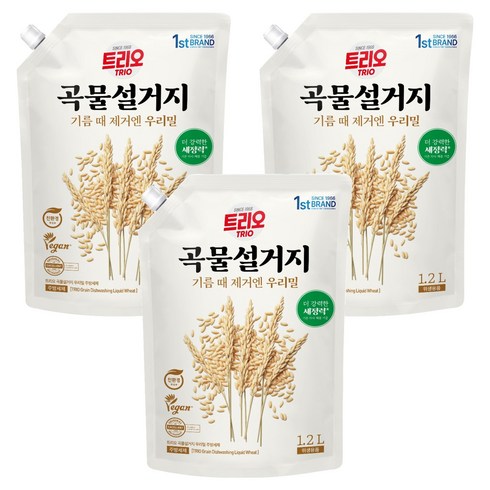 트리오 곡물설거지 우리밀 주방세제 리필, 1.2L, 3개