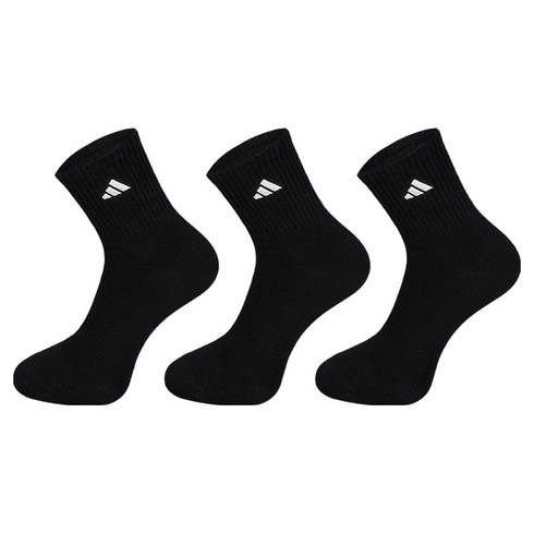 아디다스 베이직 중목 자수 스포츠양말, 블랙, 3세트