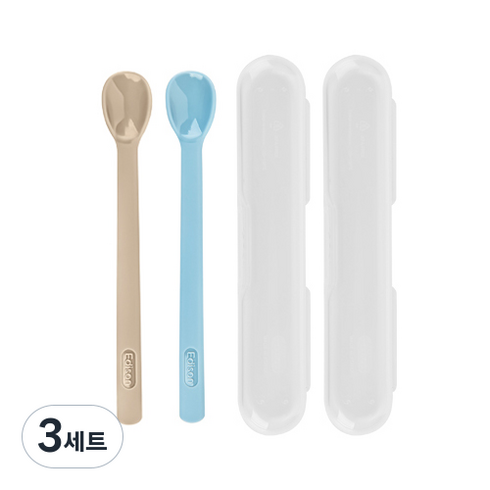 에디슨 실리콘 이유식 스푼 2단계 + 케이스 2종 세트, 베이지, 블루, 3세트