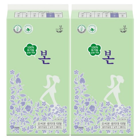유기농본 순면커버 울트라슬림 생리대 날개형, 대형, 28매입, 2개