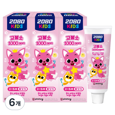 2080 키즈 핑크퐁 마일드 고불소 치약 딸기향, 80g, 6개