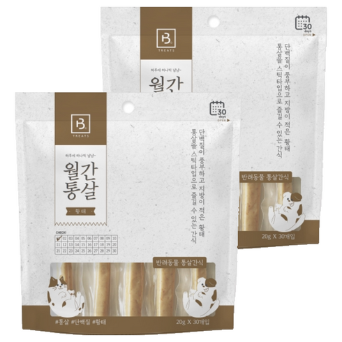 브리더랩 반려동물 월간통살 스틱타입 간식, 닭가슴살 + 황태 혼합맛, 600g, 2개