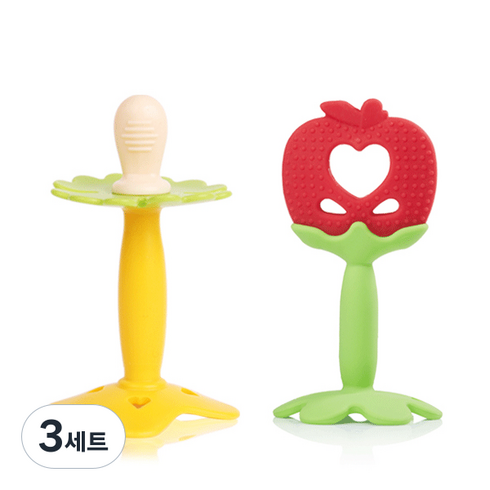 베이비앤아이 실리콘 과일 치발기+케이스 2종세트 노리개+사과, 노리개 치발기, 사과 치발기, 혼합색상, 3세트