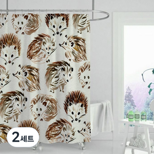 애니멀정글 샤워커튼 고슴도치 180 x 120 cm + 커튼고리 12p, 2세트