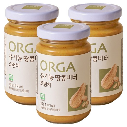 올가홀푸드 100% 유기농 땅콩버터 크런치, 220g, 3개