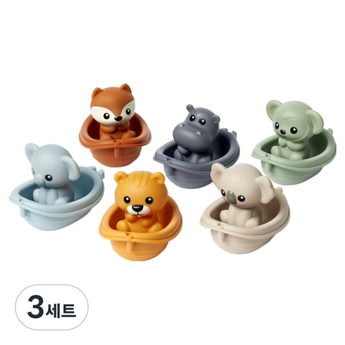 LittleLife 동물 보트 목욕 장난감 세트, 하늘색, 갈색, 베이지색, 회색, 연두색, 노란색, 3세트