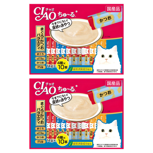 이나바 고양이 챠오츄르 버라이어티 간식, 혼합맛(참치/가다랑어), 560g, 2개
