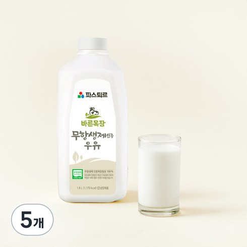 파스퇴르 무항생제 바른목장우유, 1.8L, 5개