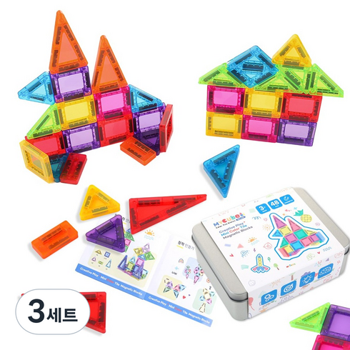 마이토이즈 미니 컬러 타일 틴 자석블럭 48p + 케이스 세트, 혼합생상, 3세트