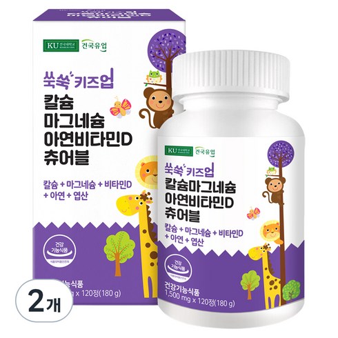 건국유업 유아용 쑥쑥 키즈업 칼슘 마그네슘 아연 비타민D 츄어블 180g, 120정, 2개