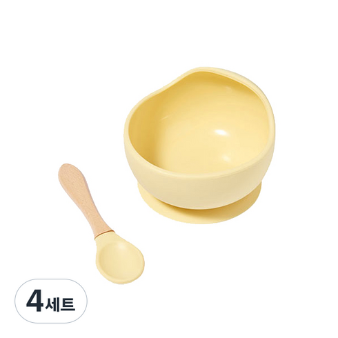 순수아 유아식기 세트, 옐로우, 흡착식 스프볼 + 실리콘 스푼, 4세트
