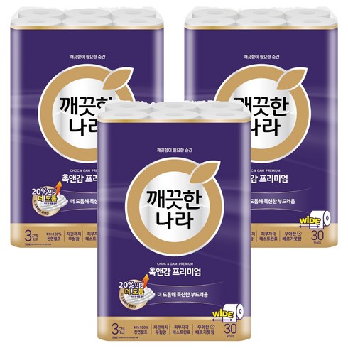 깨끗한나라 천연펄프 3겹 촉앤감 프리미엄 롤화장지, 30m, 30개입, 3개