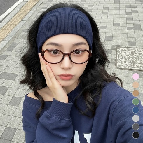 미다미 제프넷 스판 골지 와이드 헤어밴드, 네이비, 1개