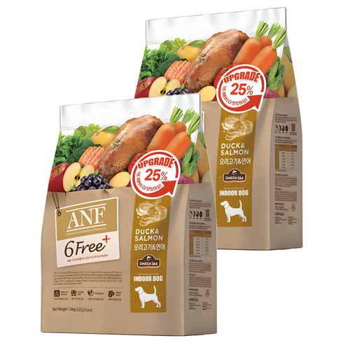 ANF 전연령 식스프리 플러스 인도어 독 건식사료, 연어+오리, 1.6kg, 2개