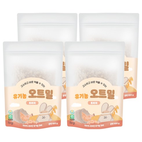 퍼기 유아용 이유식용 유기농 세척 오트밀 포리지, 300g, 4개