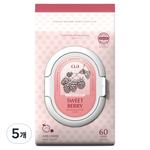 CLA 퍼퓸 건조기 시트 섬유유연제 스윗베리 본품, 60개입, 5개